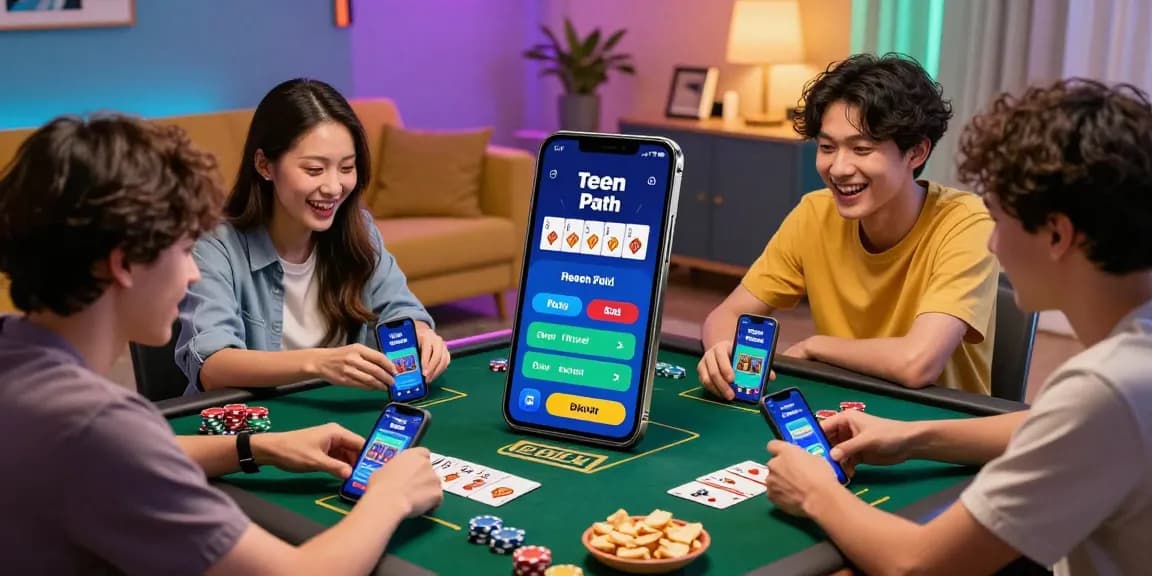 Friends enjoy a game using the Teen Patti Gold mobile app in a lively living room.