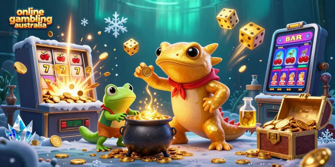 Engage in online gambling Australia with a vibrant 3D casino scene featuring gold coins, slot machines, and enchanting characters.
