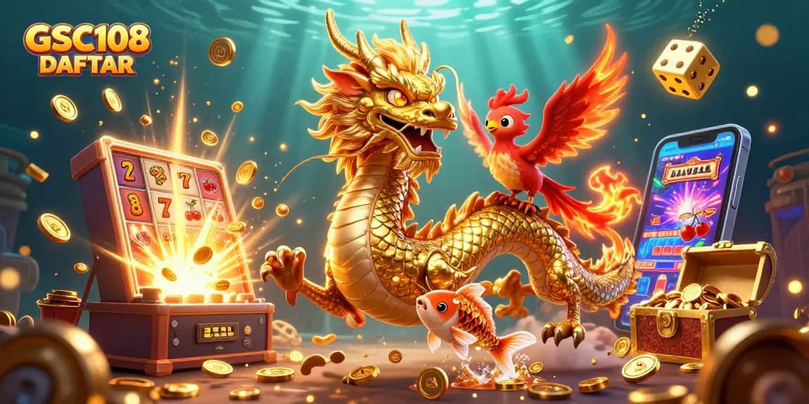 Experience GSC108 DAFTAR with thrilling jackpots and vibrant casino elements in a dynamic 3D scene.