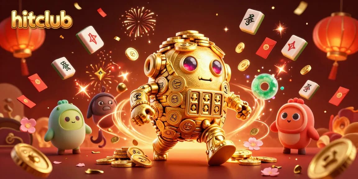 Experience hitclub with this vibrant 3D scene of a golden golem amidst festive casino symbols, celebrating wins!