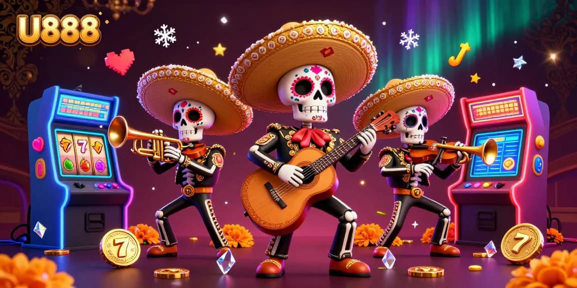 U888 slot machine celebration featuring vibrant Day of the Dead mariachi band members amidst exciting casino elements.