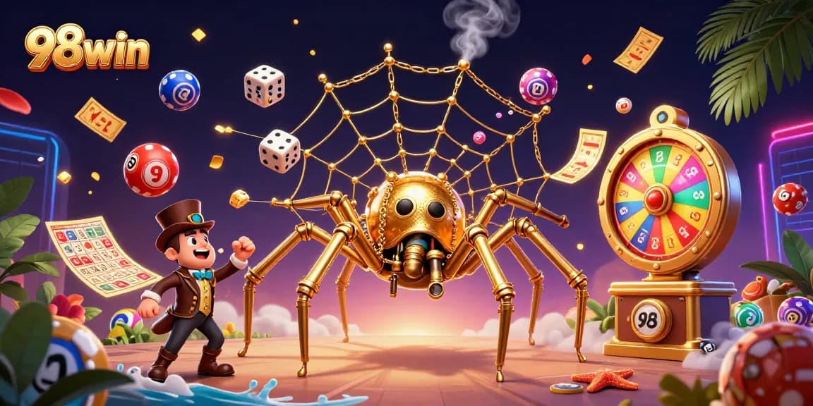 Experience the thrill of 98win casino with colorful lottery balls and golden spider web in a rich atmosphere.