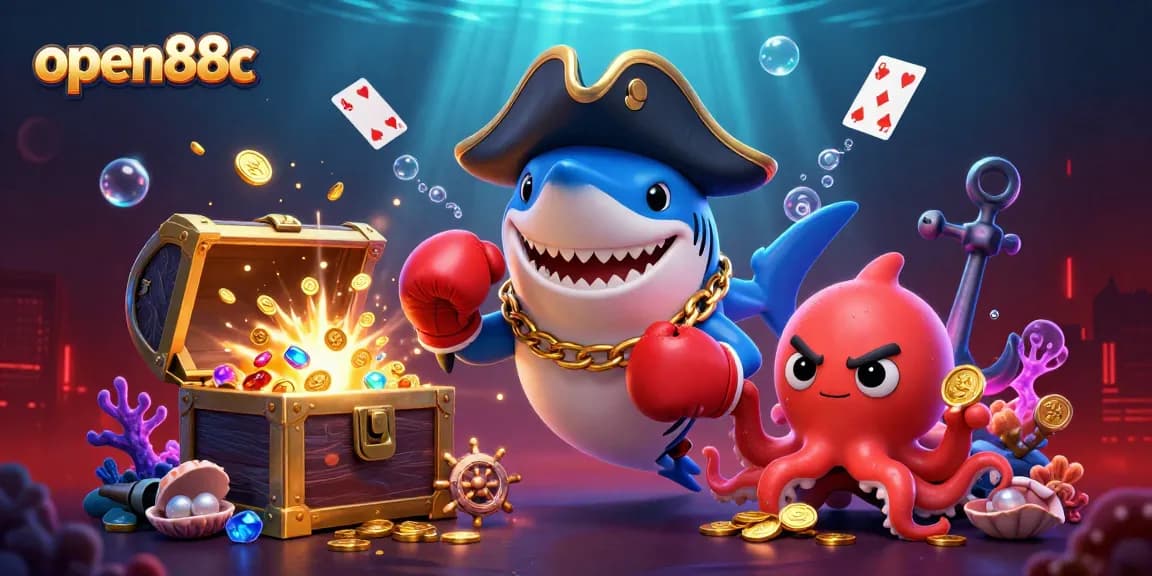 Exciting adventure with open88c characters engaging in gambling amidst treasure and colorful gems.