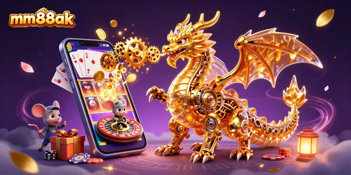 Experience the magic of mm88ak as the golden dragon breathes gears in this vibrant casino scene.