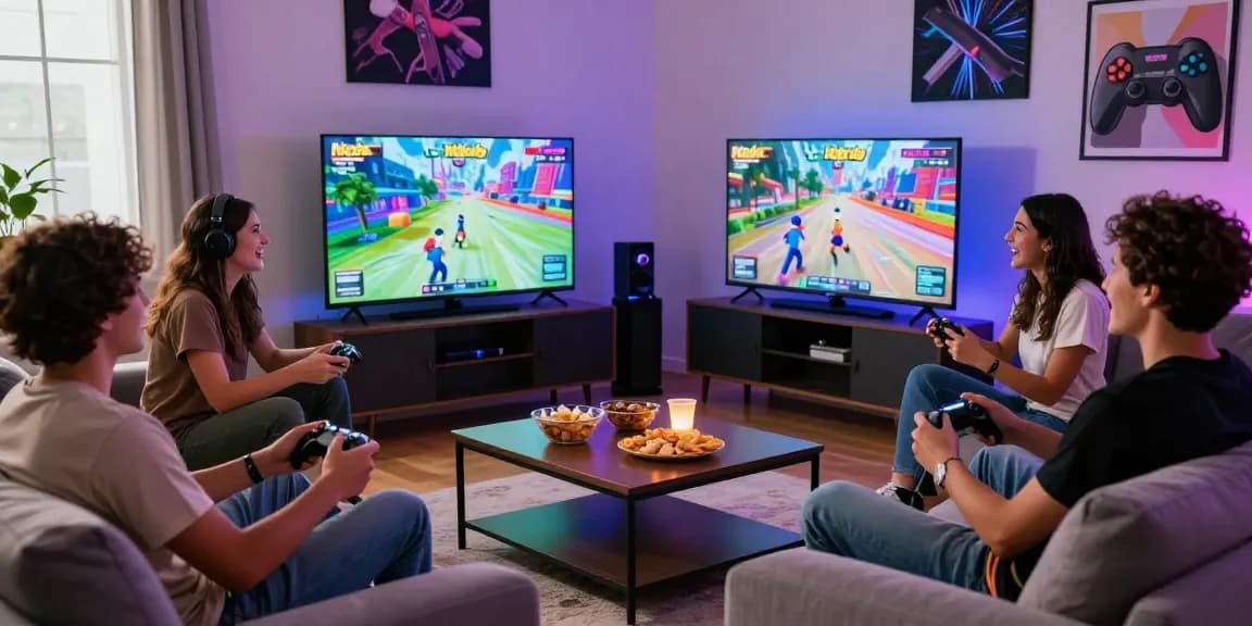 Friends enjoying a gaming session on hitclub with snacks and controllers in a cozy living room.