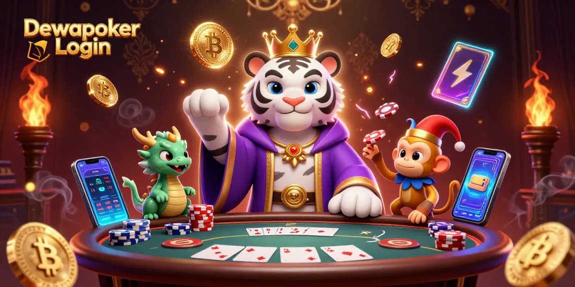 Dewapoker Login brings players to vibrant poker tables, with animated characters enjoying the excitement.