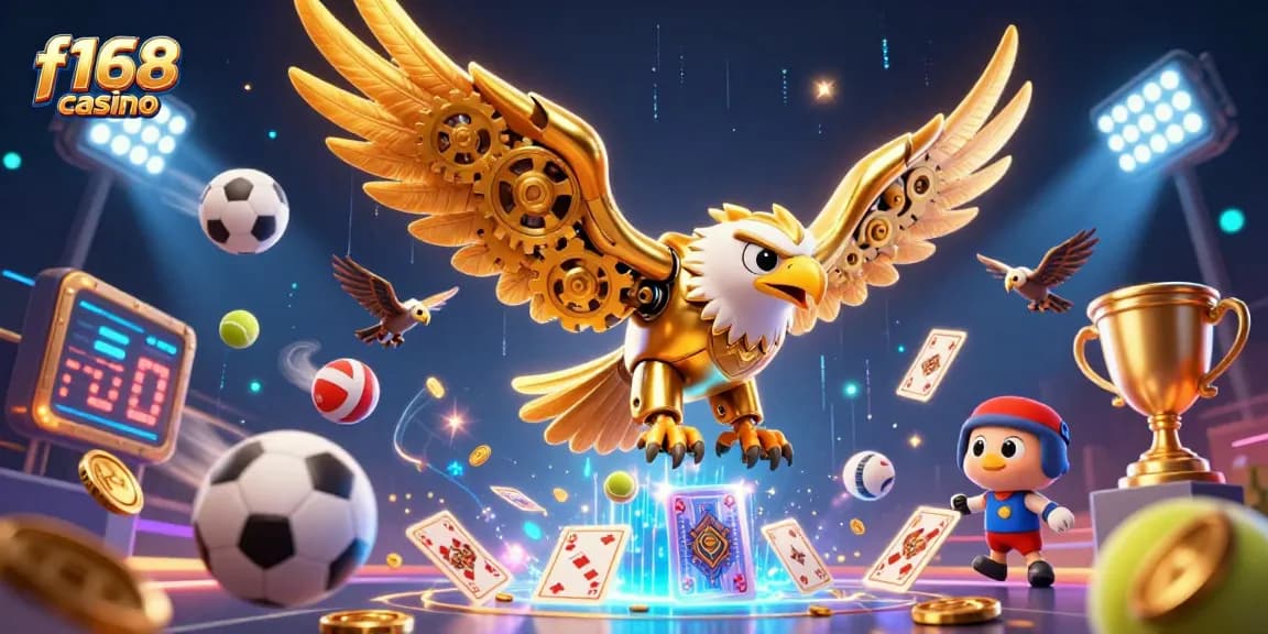 Experience excitement at f168 casino with a dynamic illustration featuring a cybernetic eagle amidst flying sports equipment and holographic cards.