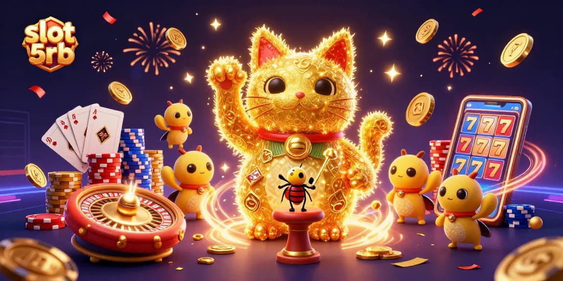 Engage with slot 5rb's vibrant 3D digital casino world featuring lucky symbols and gaming excitement.
