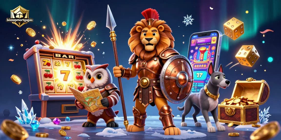Bishopmortgages showcases a dynamic casino scene with a Spartan lion, strategic owl, and swift greyhound amidst exciting games.