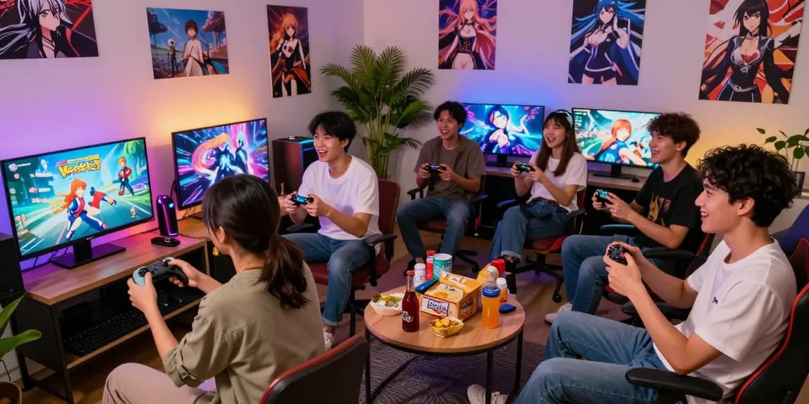 Friends enjoying popular hentai games in a vibrant gaming lounge filled with anime art and snacks.