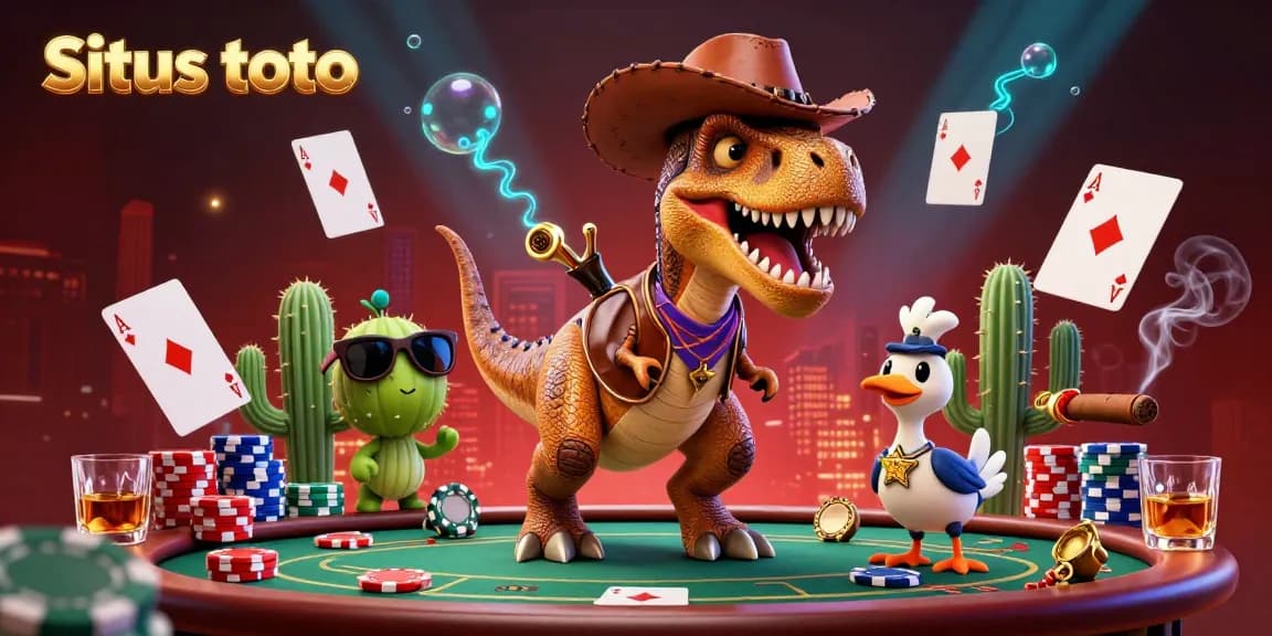 Situs toto showcases a vibrant 3D casino scene with a dazzling T-Rex dealer and poker elements.