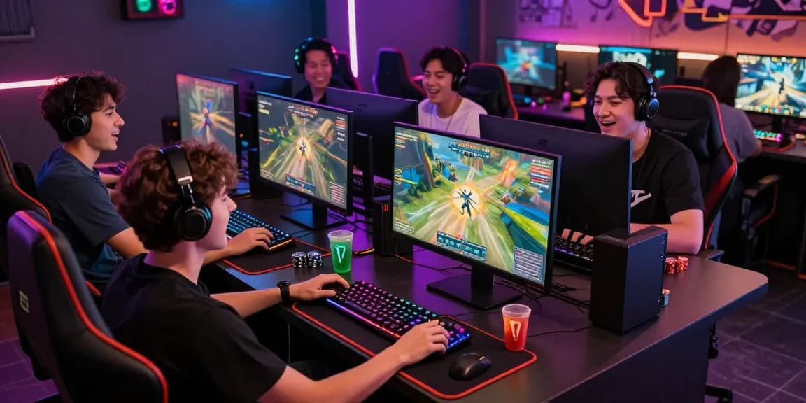 Exciting sunwin online gaming scene with friends enjoying vibrant gameplay in a modern lounge.