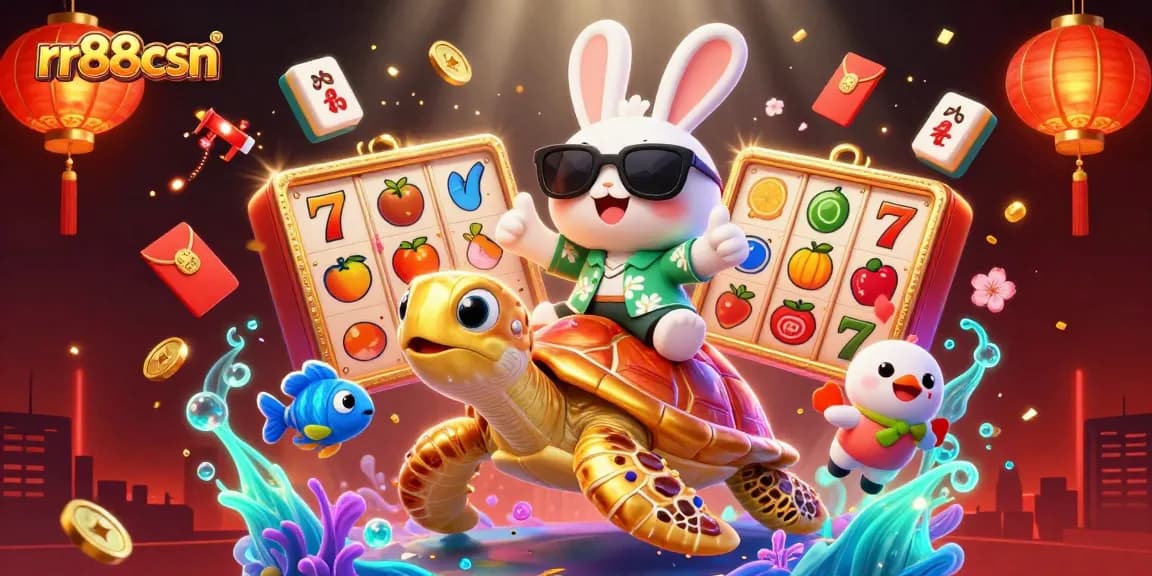 Experience gaming excitement with the rr88csn rabbit and golden turtle in this vibrant casino scene.