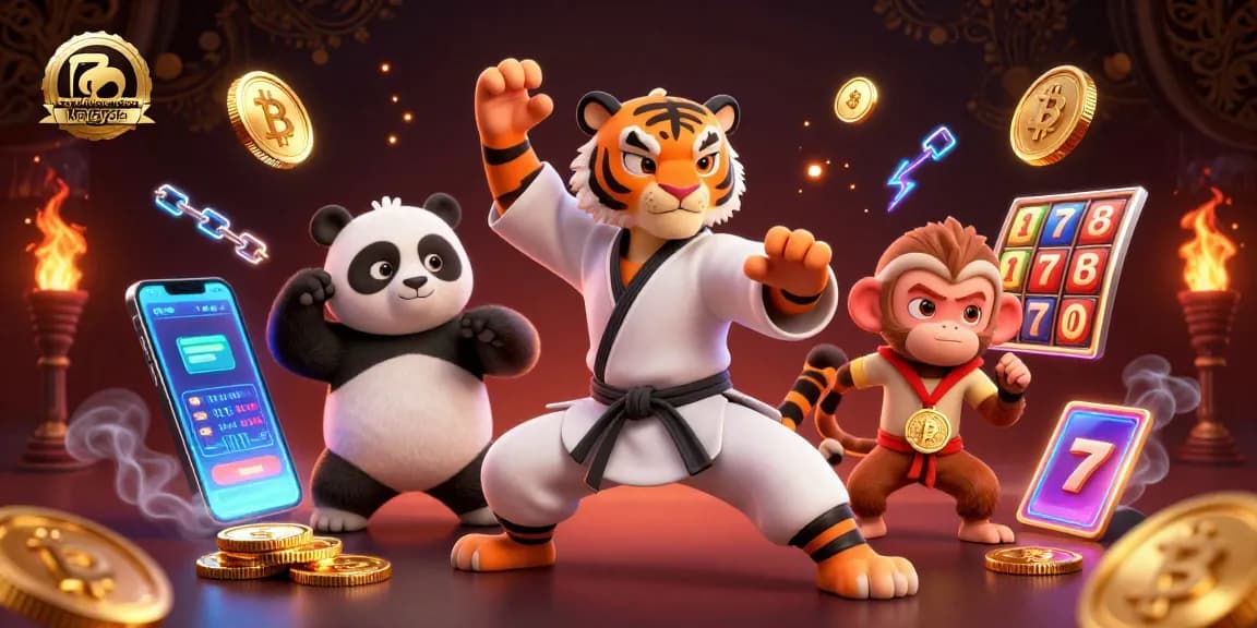 Engage with trusted online casino Malaysia in a vibrant 3D illustration featuring a kung fu tiger, slots, and crypto elements.