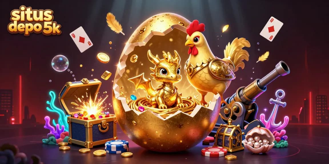 Win big at situs depo 5k with a golden dragon and poker chips surrounded by vibrant casino elements.