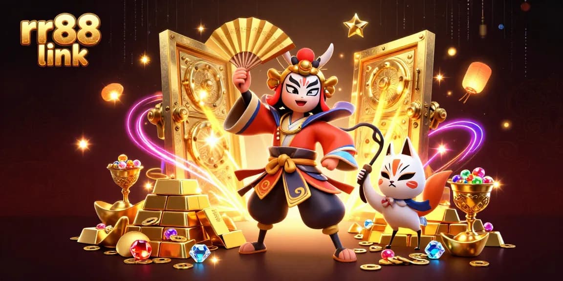 Engage with rr88 link in a vibrant casino scene showcasing a kabuki warrior and treasure elements.