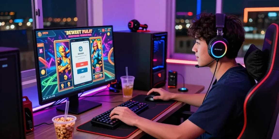 Player enjoying deposit pulsa tanpa potongan on a colorful gaming setup.