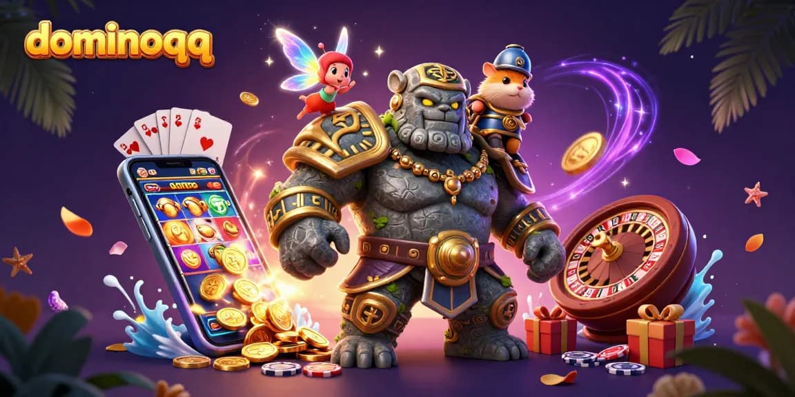 Engage in thrilling dominoqq gameplay as a brave hamster knight rides a mystical golem amid cascading coins.
