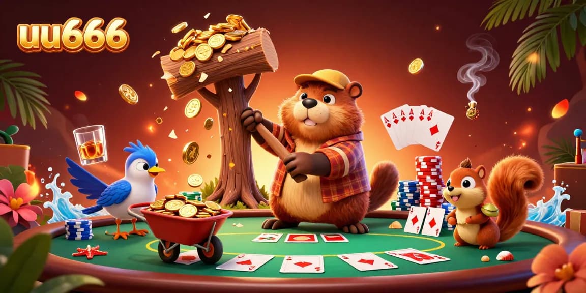 Experience thrilling gaming action with uu666, featuring cartoon beaver, poker, and golden coins!
