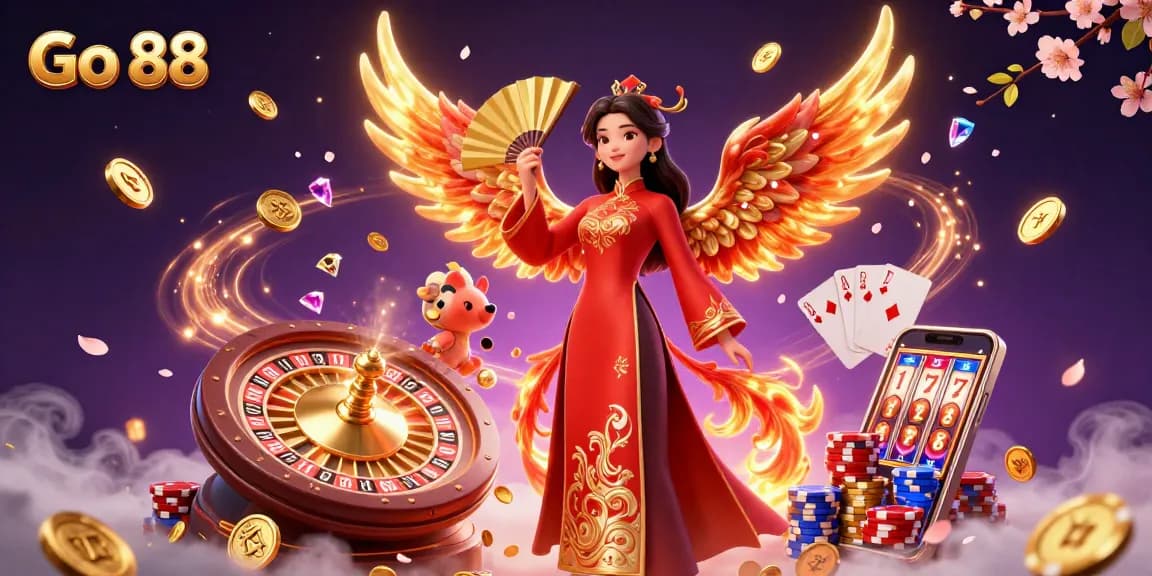 Experience the thrill of Go 88 with a captivating 3D scene featuring a phoenix, woman in ao dai, and vibrant casino elements.