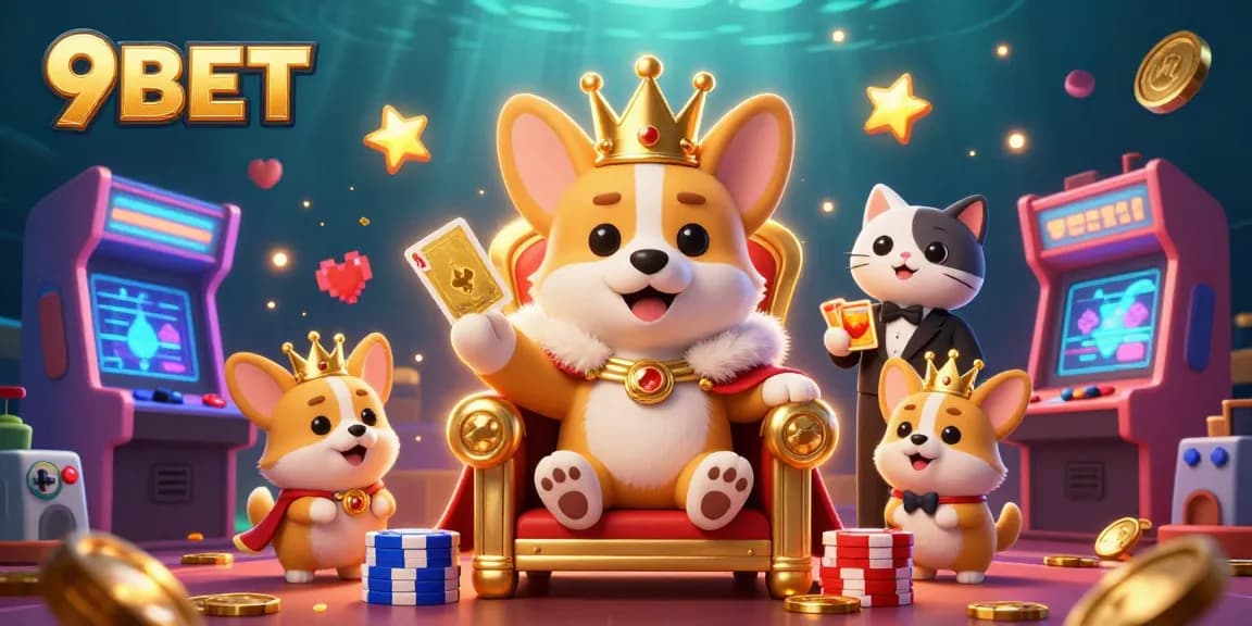 Join the 9BET gaming royalty in a vibrant, cartoonish casino scene with arcades and poker.
