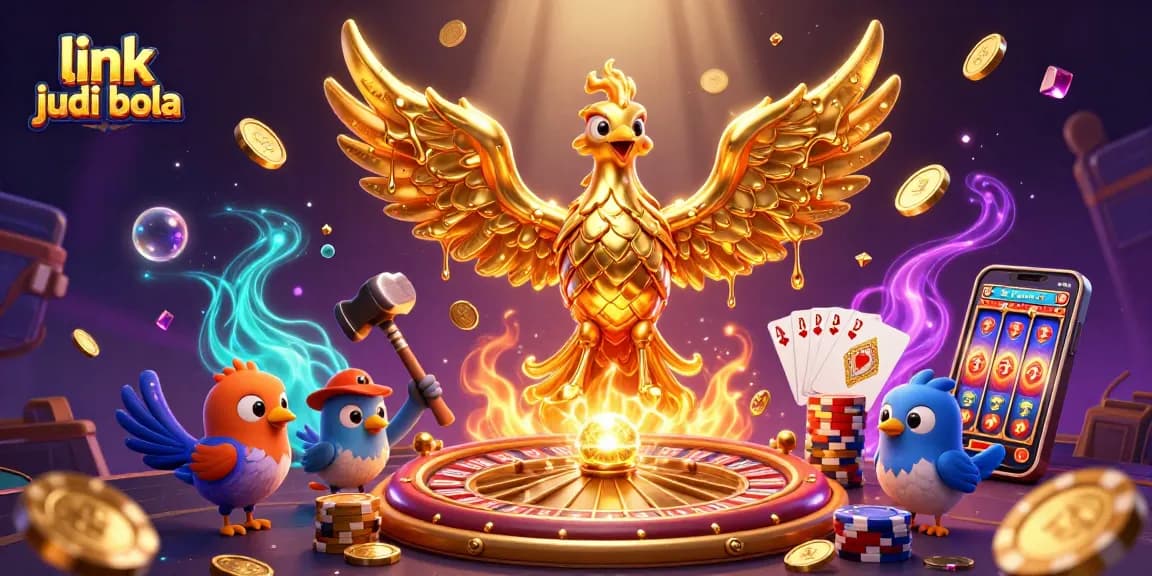 This dynamic scene captures link judi bola with a golden phoenix and casino elements in vibrant 3D illustration.