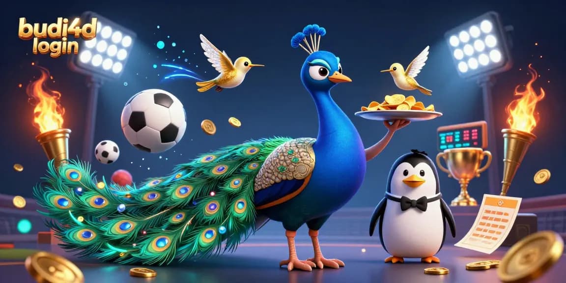 Budi4D login showcases a vibrant casino scene with characters and sports elements dynamically interacting.