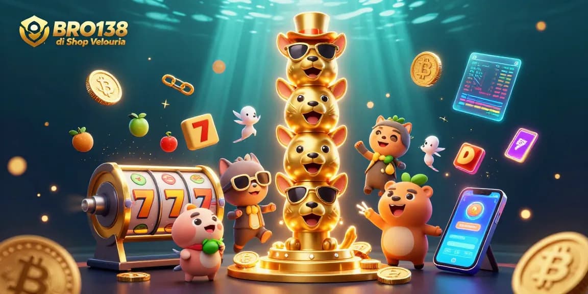 Engage with BRO138 di Shop Velouria through a vibrant slot game scene featuring animated 3D characters and casino elements.