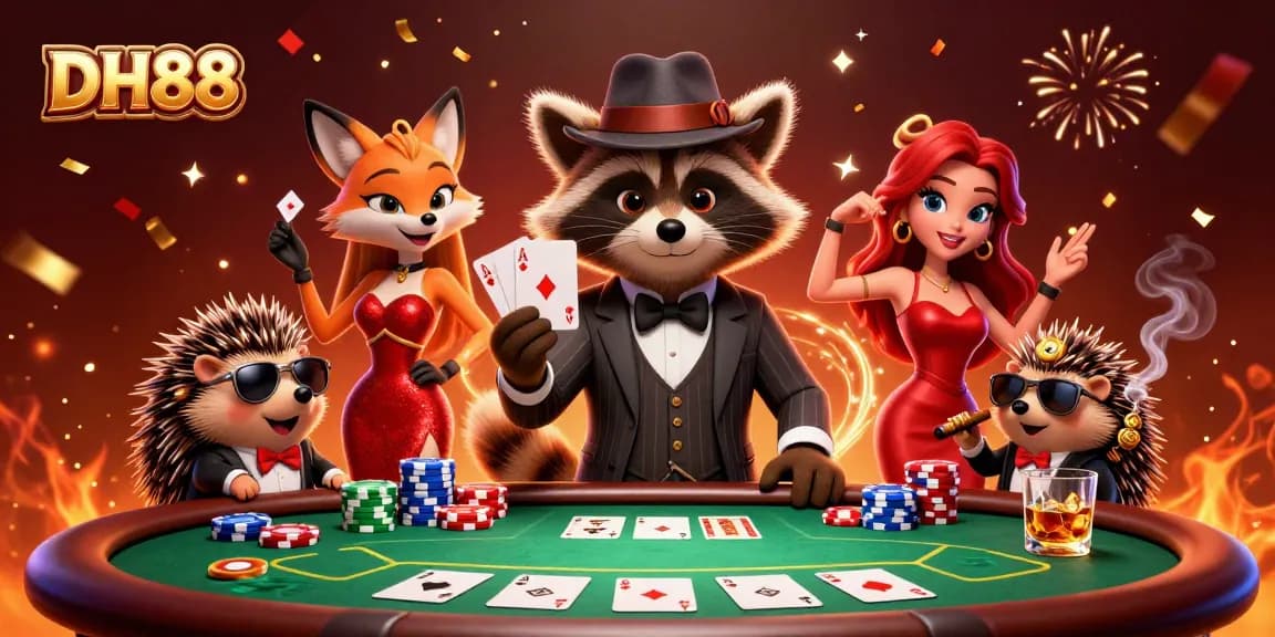 Engage in thrilling poker action with DH88's suave raccoon, fox lady, and hedgehog bouncer.