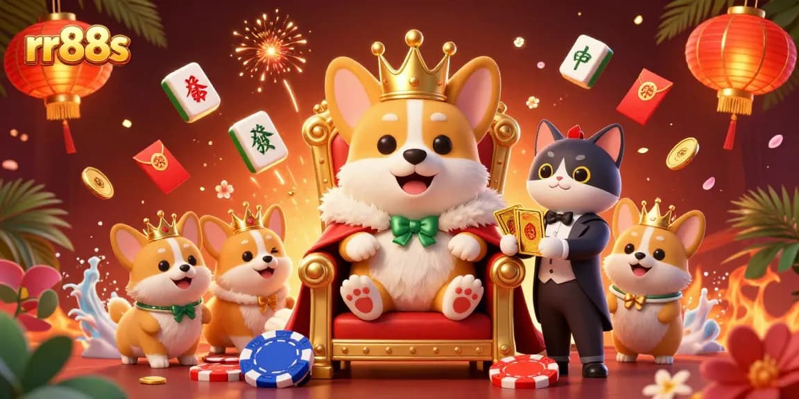 Experience thrilling moments at rr88s with the playful royal corgi surrounded by dynamic casino elements.