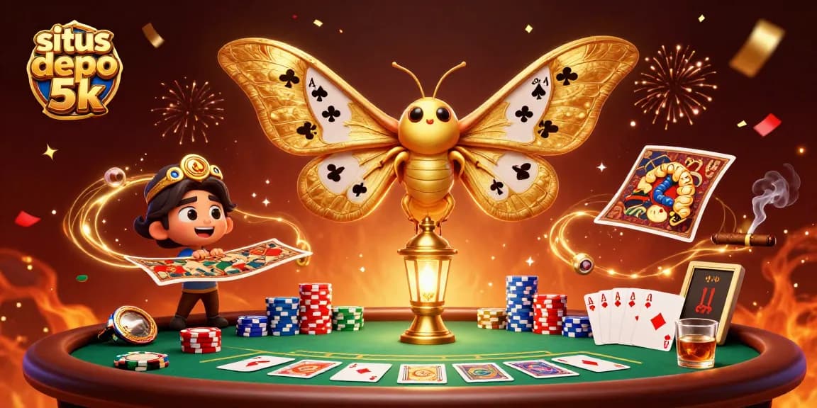 Engage with situs depo 5k and see a vibrant casino scene featuring a moth, poker elements, and golden threads.