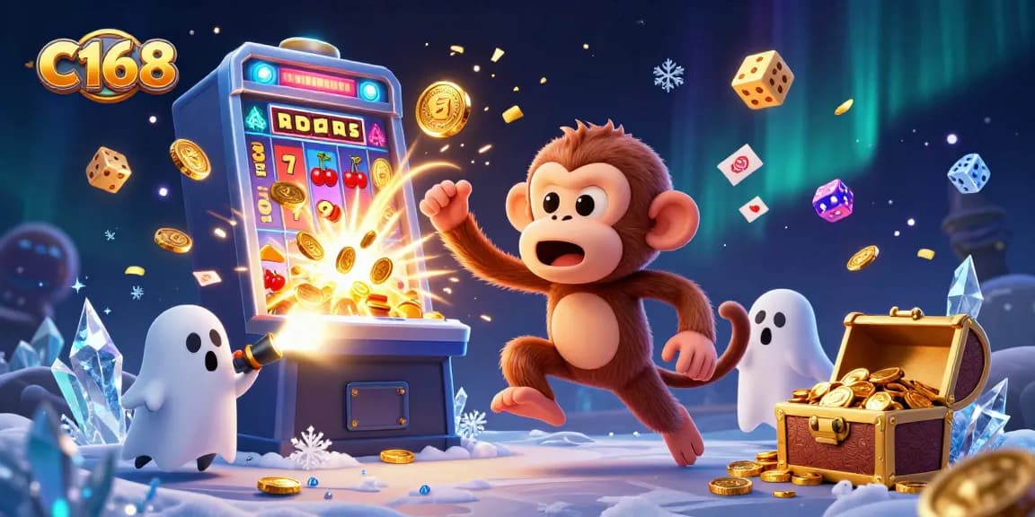 C168 features a playful poltergeist monkey juggling coins in a dazzling casino scene.