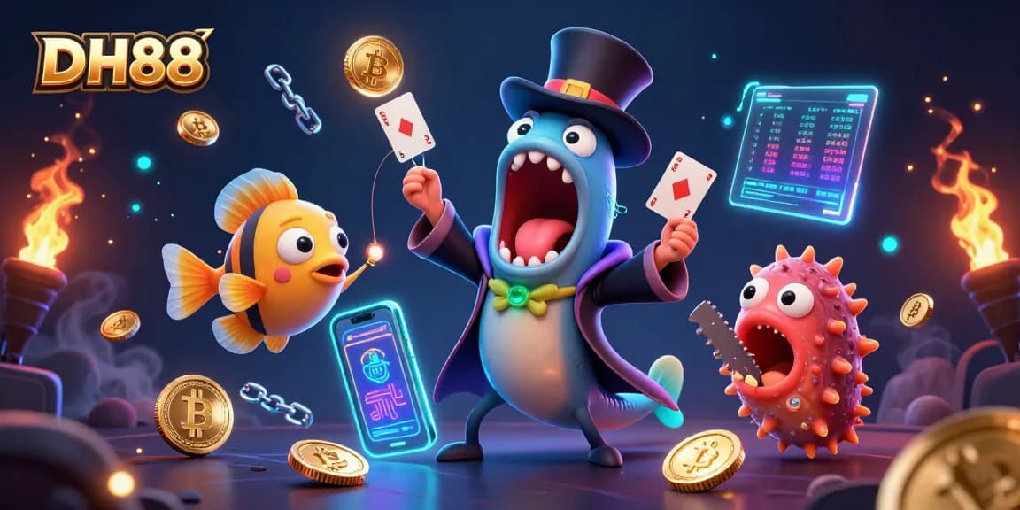 Experience thrilling gaming action at DH88 with vibrant 3D characters performing magic tricks in a dazzling casino environment.