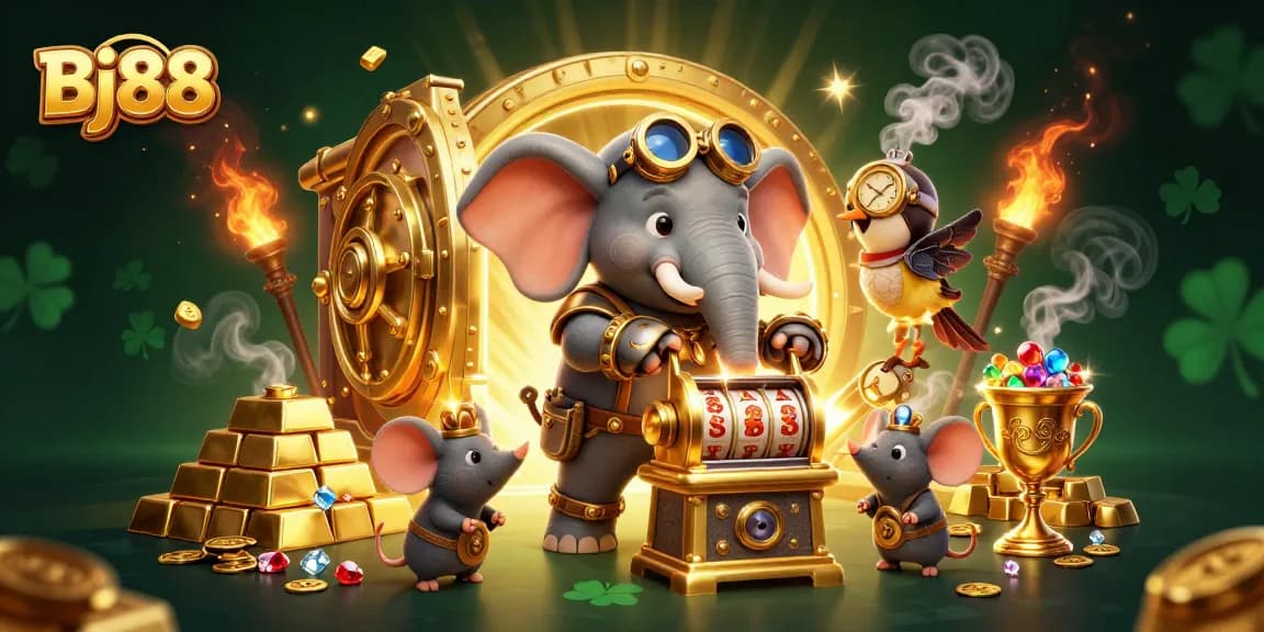 Experience thrilling gameplay at Bj88 with steampunk characters and golden treasures in a vibrant casino scene.