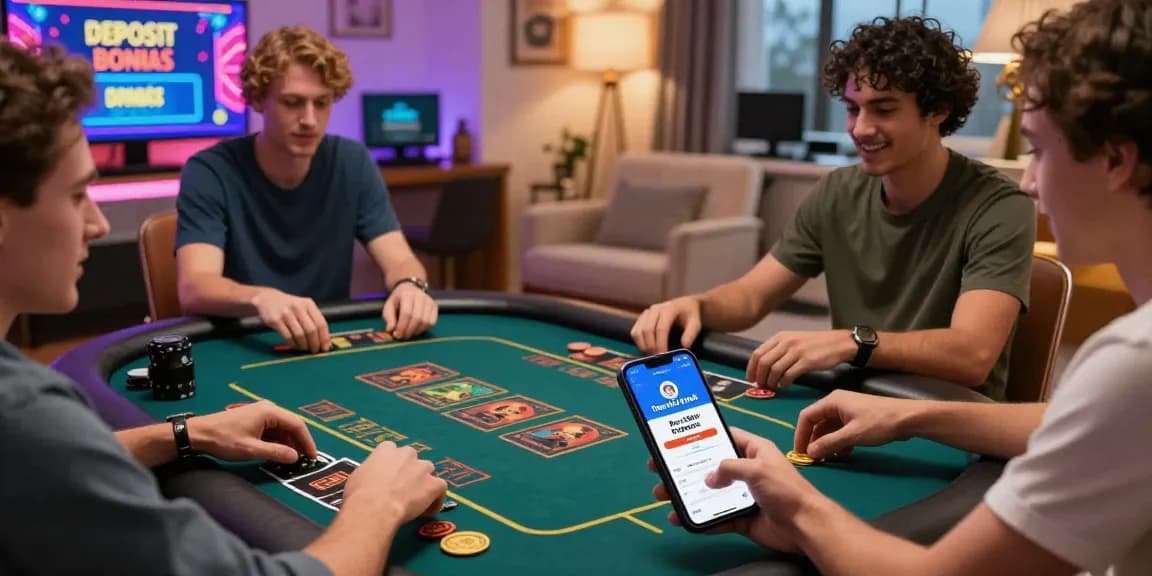 Online players celebrating their Free No Deposit Bonus at a vibrant virtual casino, showcasing engaging promotions and cozy home office setting.