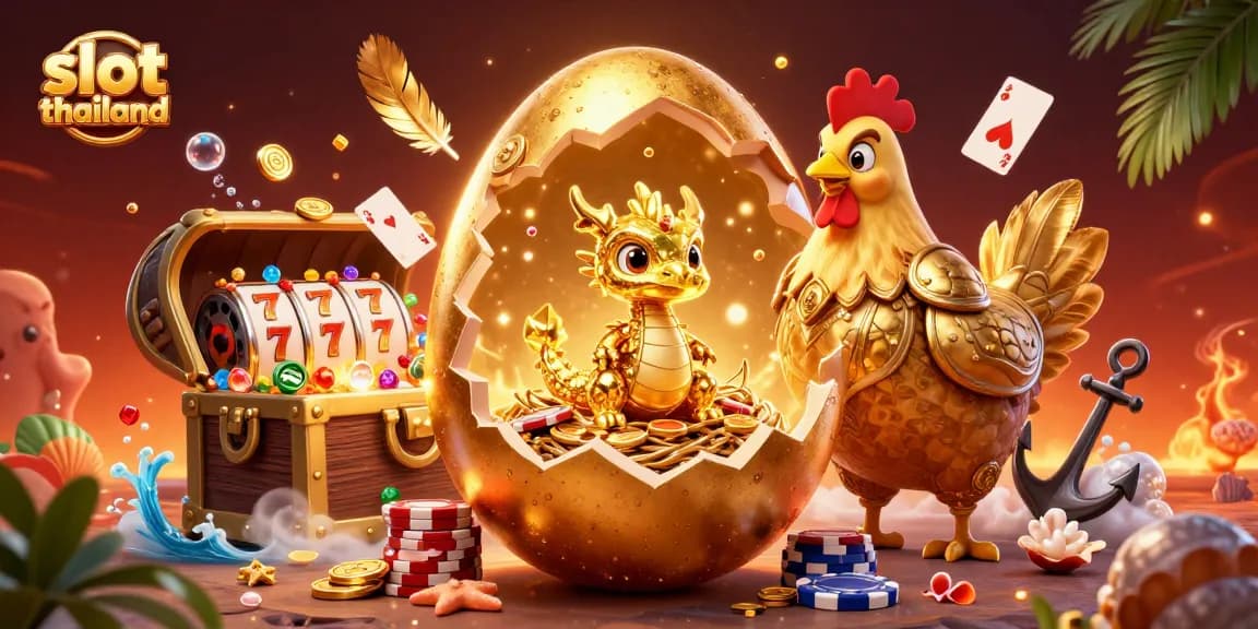 Experience the thrill of slot thailand with a golden dragon guarding poker chip treasures in this vibrant illustration.