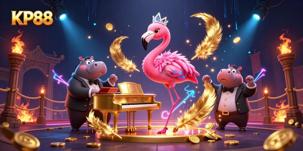 Experience KP88's vibrant 3D casino world with a flamingo singer and hippo bassist in a dazzling scene.