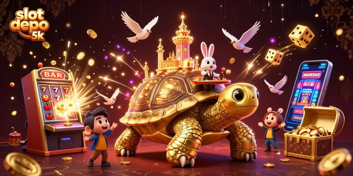 Experience the excitement of slot depo 5k with vibrant visuals featuring golden coins, jackpots, and casino elements.
