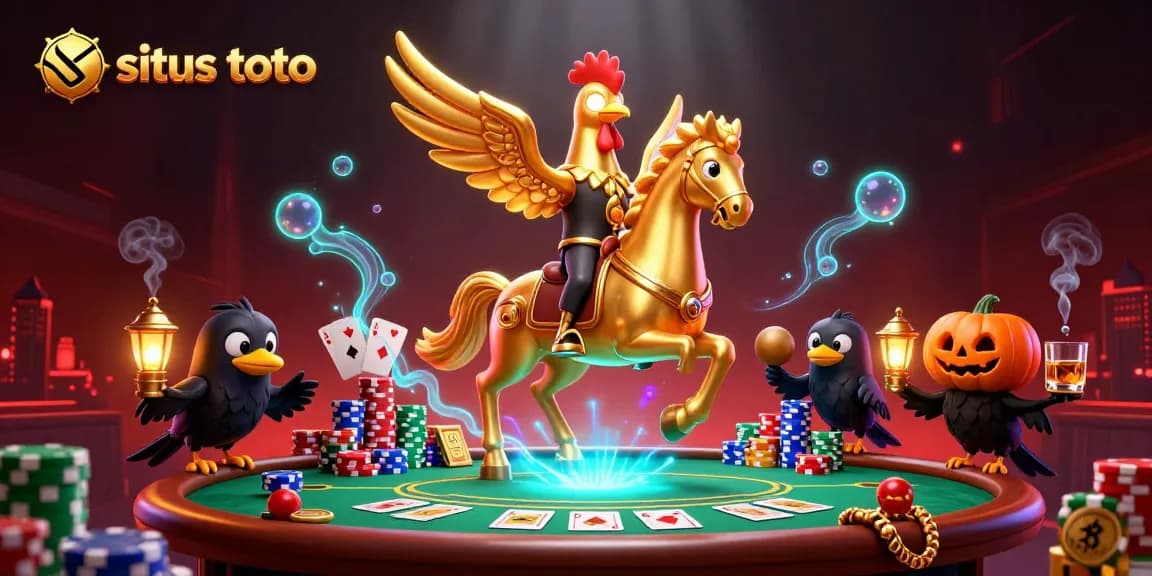 A golden rooster on a spectral horse celebrates big wins in a vibrant situs toto casino scene.