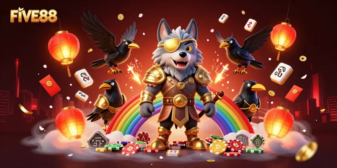 The FIVE88 scene showcases mythical Norse characters with casino elements in a vibrant 3D illustration.