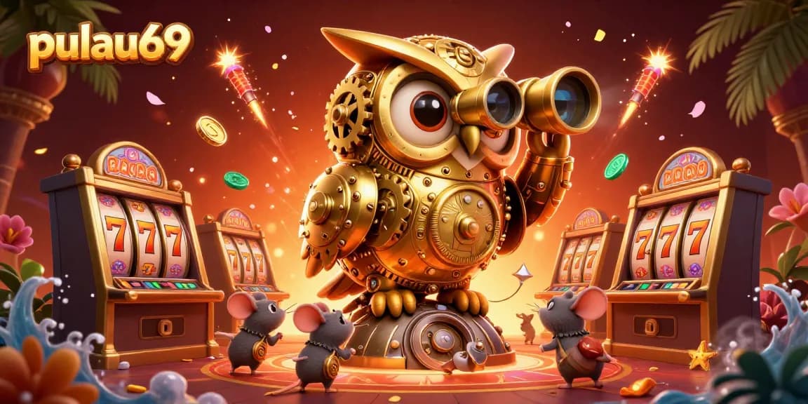 Spin the reels at pulau69 with a whimsical illustration of a clockwork owl and festive casino elements.