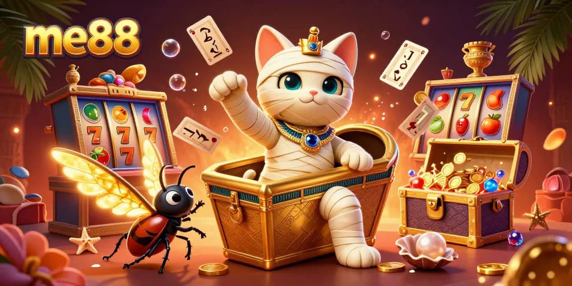 Experience me88 with a vibrant casino scene featuring a mummy cat and glowing scarab, surrounded by lively game elements.