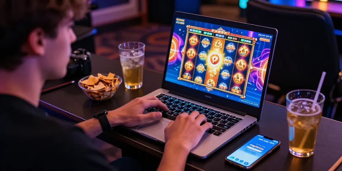 Player enjoying link mpo777 on their laptop, surrounded by snacks and colorful lights in an engaging gaming atmosphere.