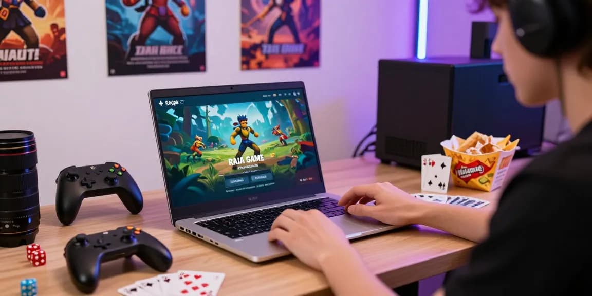 Engaging Raja Game login interface displayed on a laptop in a vibrant gaming room setting.