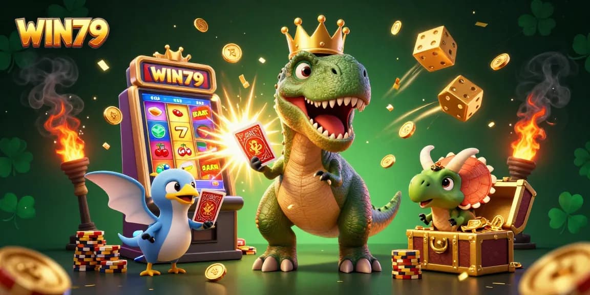 WIN79 casino scene with a cartoon T-Rex shuffling cards and fun characters amidst coins and jackpots.