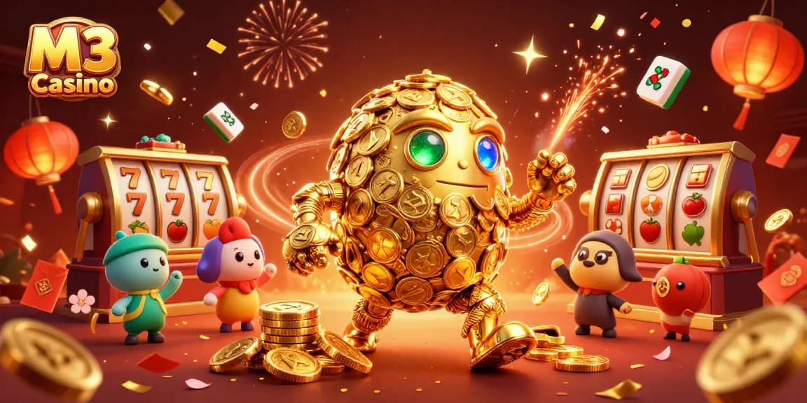 M3 Casino brings vibrant 3D celebrate with a golden golem surrounded by slot elements.