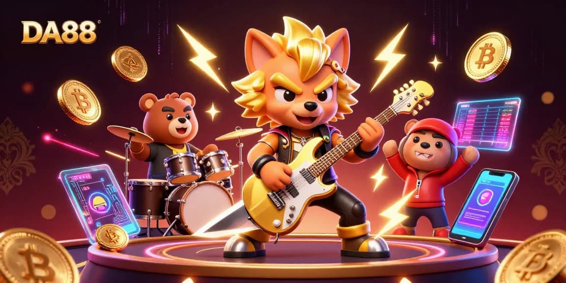 Join DA88 in a vibrant crypto casino scene with a rock star wolf and drummer bear.