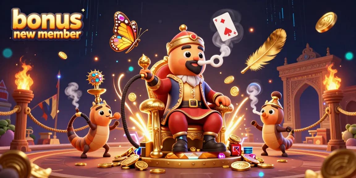 Engage with the bonus new member offer featuring a vibrant casino scene with a caterpillar hookah-master.