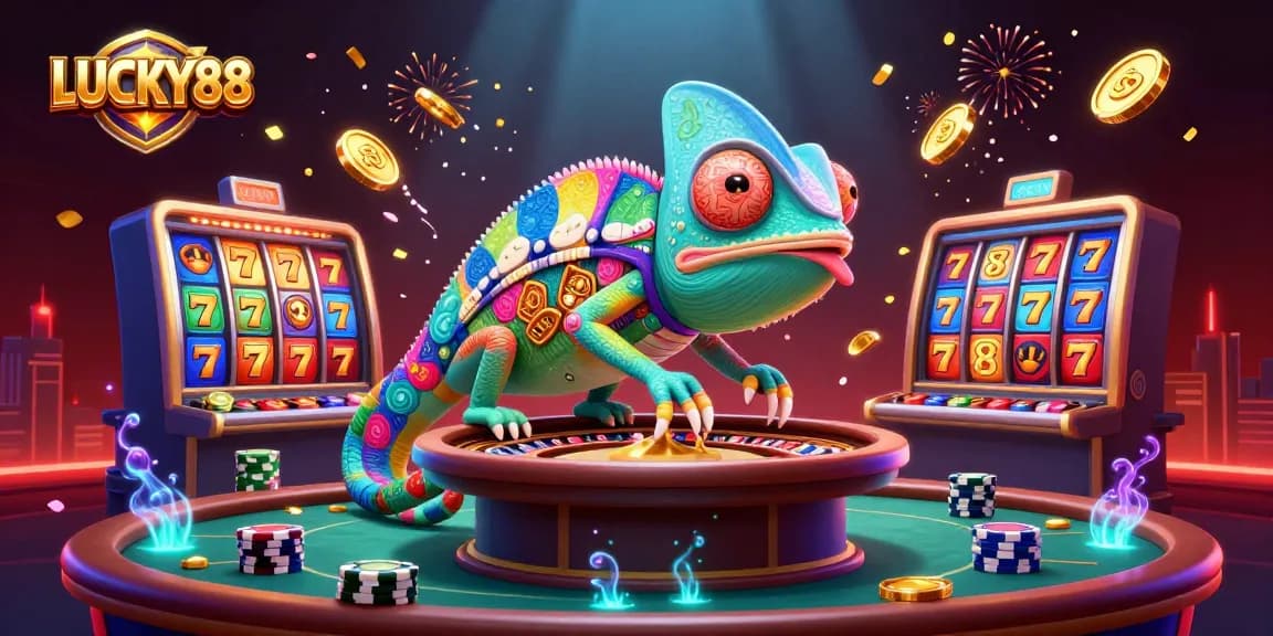 Experience thrilling gaming with LUCKY88 featuring vibrant 3D characters, slots, and festive elements in action.