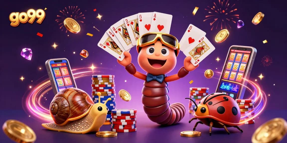 Go99 showcases a vibrant casino scene with a 3D millipede dealer and exciting gameplay elements.